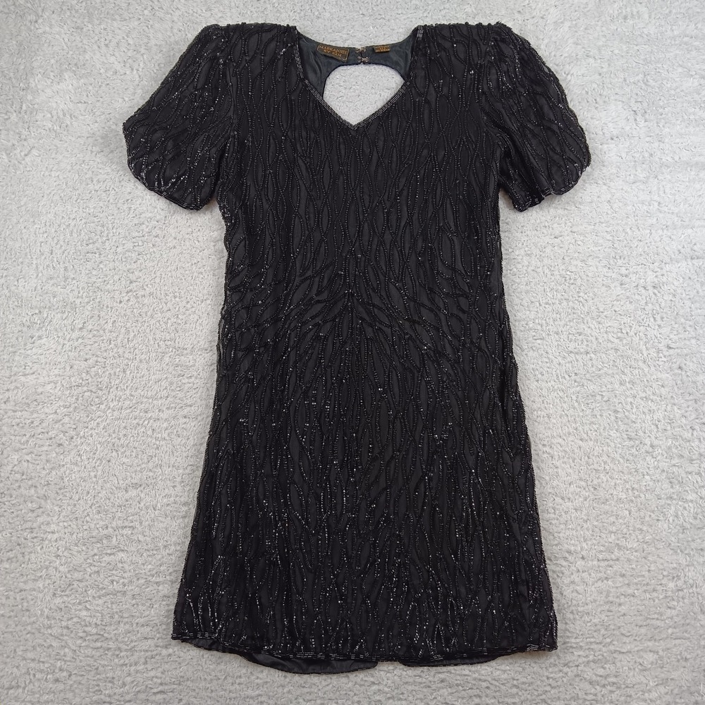 VTG Mark & John by Sam Beaded Silk Mini Dress Women L Black Open Back Cocktail